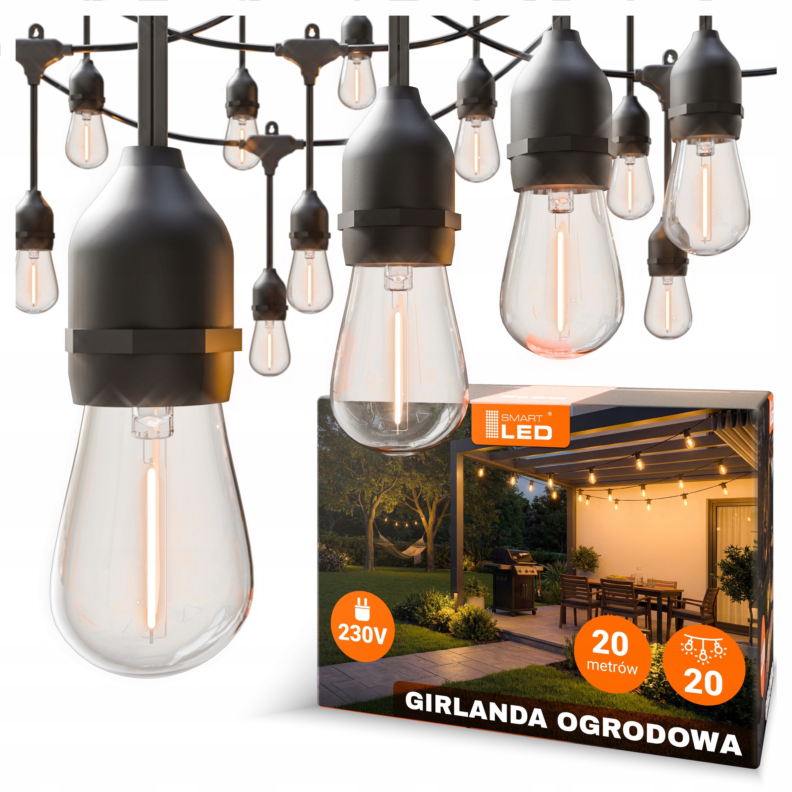 Vonkajšia svetelná girlanda 20 m s 20 LED žiarovkami E27