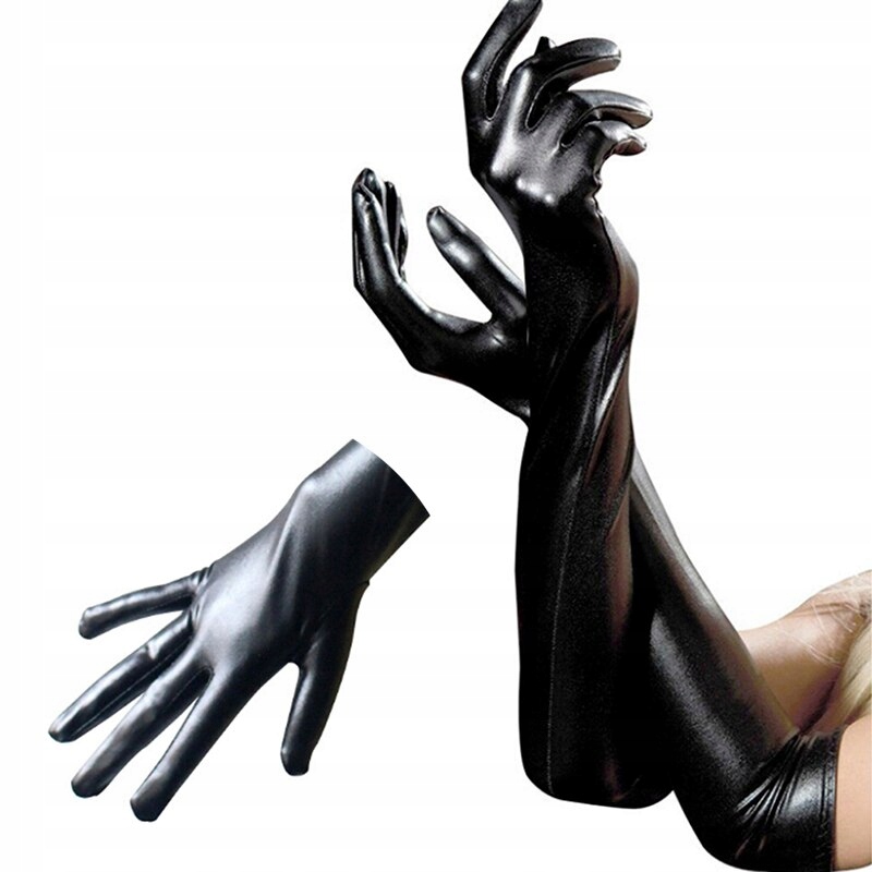 Sexy dlhá faux koža lesklá latexová rukavice punk