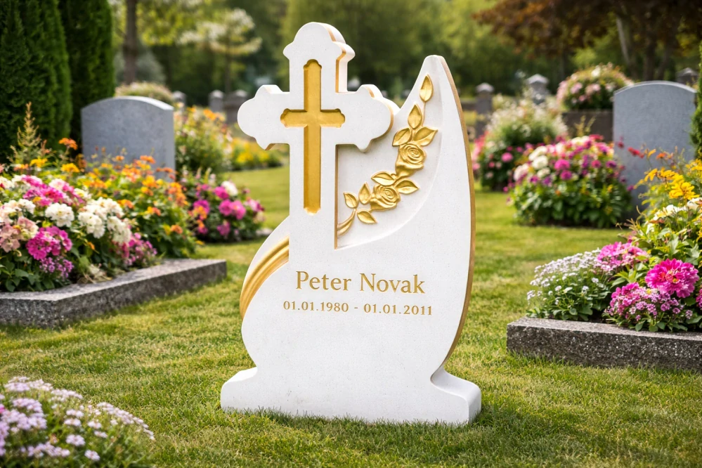 Betónový náhrobný pomník CR-9 s krížom a zlatými detailmi
