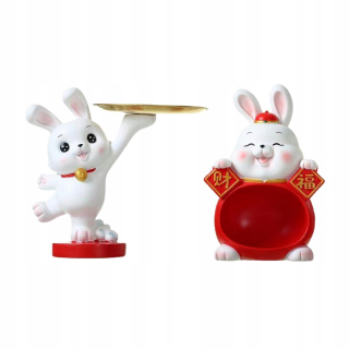 2x figurína stojaceho králika s podnosom a