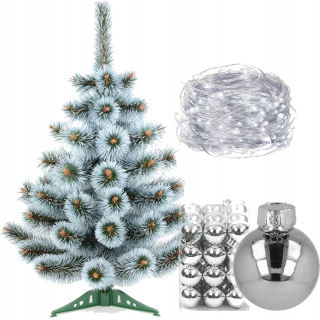 Vianočný stromček borovica biele konce - 50 cm + Baubles + Svetlá