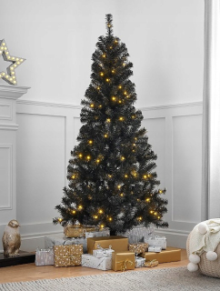Čierny umelý vianočný stromček s LED žiarovkami 180 cm