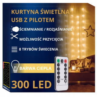 Záhradné girlandy - LED svetlo záves vonkajšie vnútorné svetelné žiarovky 300 na USB 3x3m