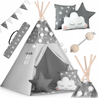 Stan pre deti - Teepee stan pre deti s girlandou a svetlami Nukido - šedý s hviezdičkami