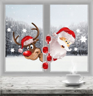 Nálepky sobov a Santa Claus pre okno 65x45 cm