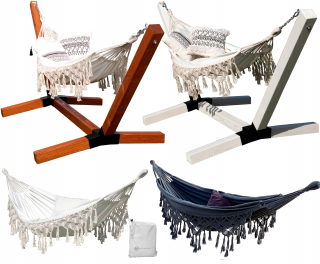 Záhradná hojdacia sieť hamak - Rám + bavlnená hojdačka Boho Premium xxl 95x95
