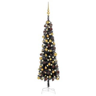 Štíhly vianočný stromček s LED žiarovkami a čiernymi Baubles 12