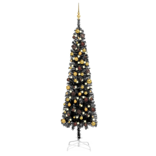 Štíhly vianočný stromček s LED žiarovkami a čiernymi Baubles 24