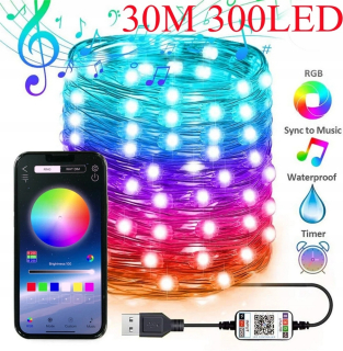 Svetelný stĺp do záhrady - USB Smart Bluetooth LED LED medený drôtový reťazec svetlo 5m/10m/20 m/30 m