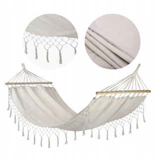 Hamak do záhrady - Odolná, stabilná záhradná hojdacia sieť pre jednu osobu, béžová, strapce boho