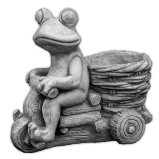 Žaba po hrnci žaby na motocykli s košom